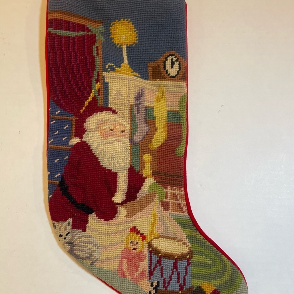 VTG Christmas Stocking Needlepoint velvet back. Santa toys. Handmade. Spots